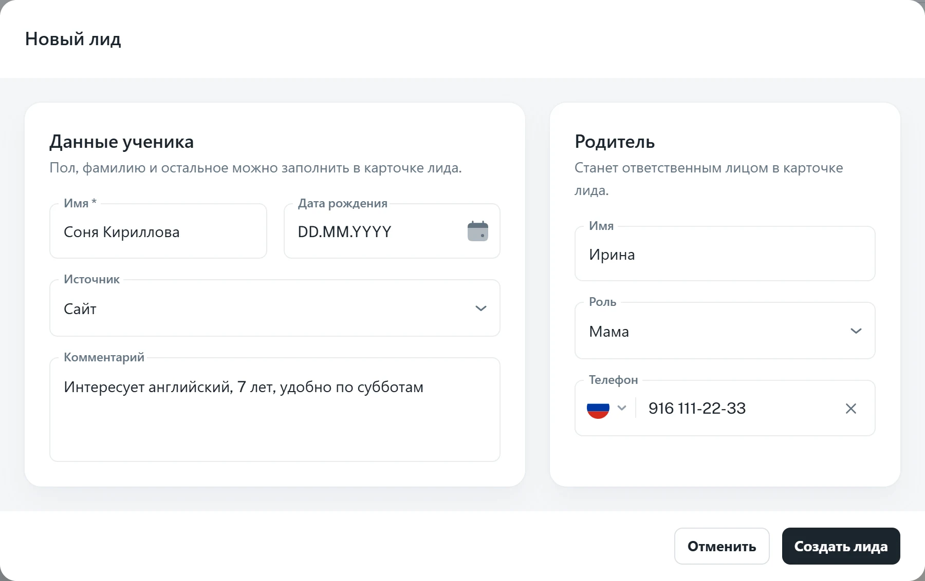 Окно «Новый лид»